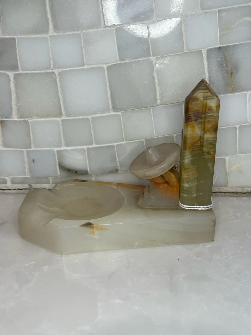 Vintage Mexican Green Onyx Ashtray & Figurine Set Mid Century Siesta Man Burro